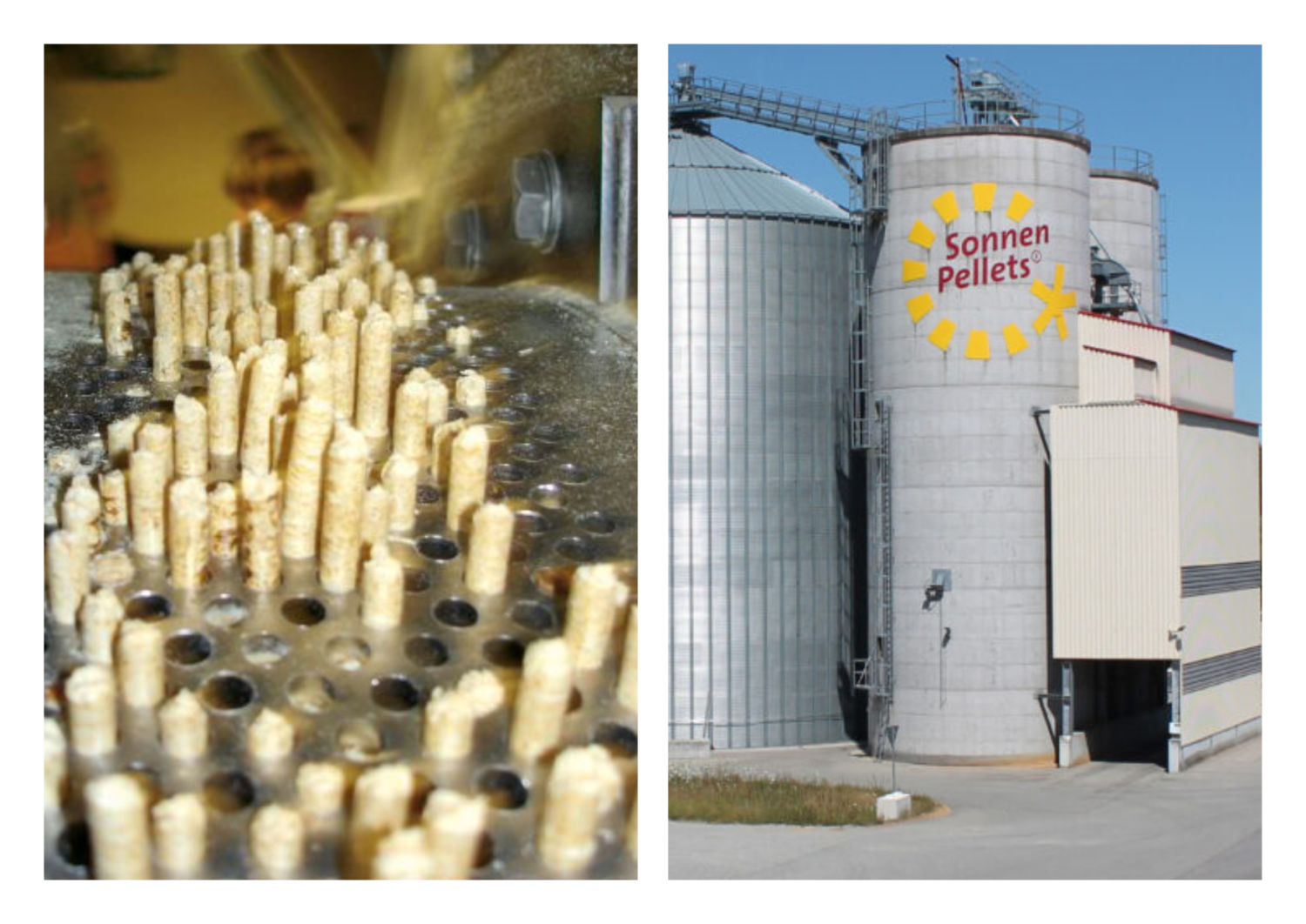 Collage Pellet-Produktion Matrize und Sonnen-Pellets Werk Krauchenwies
